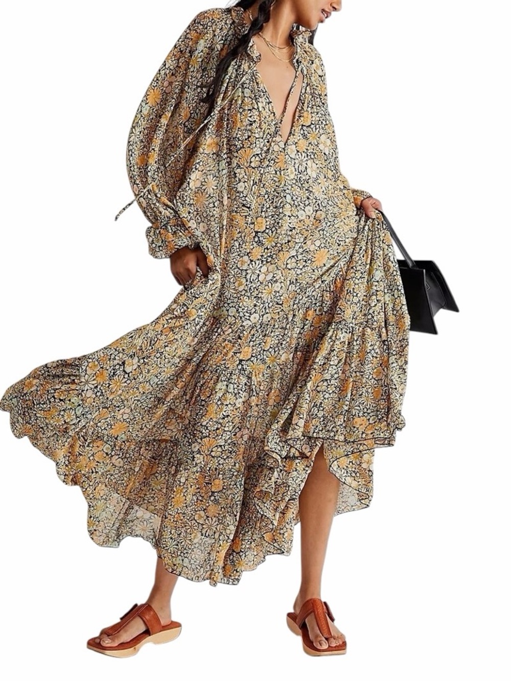 Free People Floral Maxi Dress in Yellow and Cream